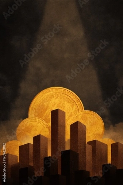 Fototapeta Golden Coins and the Rising Skyscrapers A Powerful Symbol Indicating Wealth and Prosperity