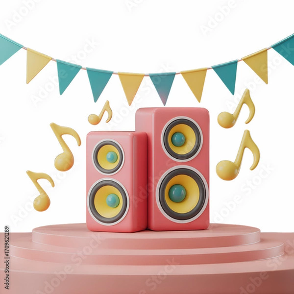 Fototapeta Vibrant 3D Rendered Party Speakers on a Stage with Bunting