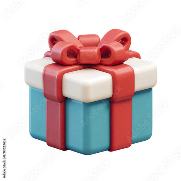 Obraz Teal Gift Box Red Bow 3D Render.