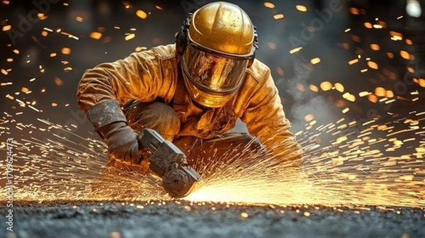 Obraz Industrial Worker Grinding Metal with Sparks