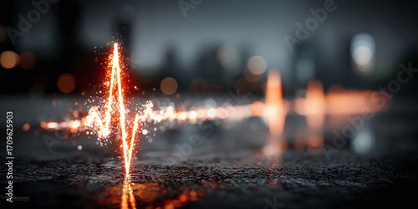 Fototapeta The electric pulse of life, an abstract digital heartbeat glowing on a wet street in a dark city landscape with bokeh lights
