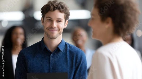 Fototapeta A young man smiles confidently while holding a portfolio. He is engaging with a professional woman in a bright setting. This image captures a moment of connection and professionalism. AI