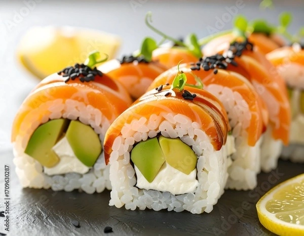 Fototapeta Fresh sushi rolls with avocado and cream cheese