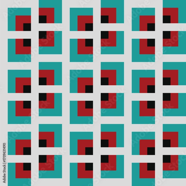Fototapeta Pattern created from black, red and teal blue, squares on a pale grey background