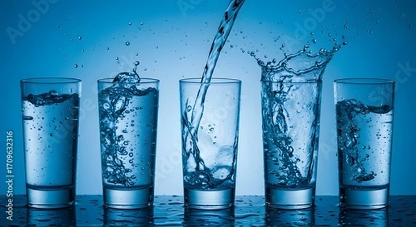 Fototapeta Water Pouring into Glasses A Refreshing Display of Hydration and Splashes