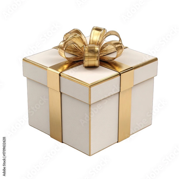 Fototapeta Square gift box, cream color, gold ribbon and bow