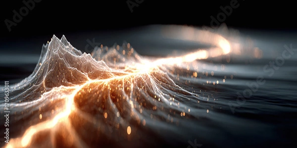 Fototapeta A surreal digital landscape featuring a glowing river of energy carving a path through a dark, crystalline mountain range