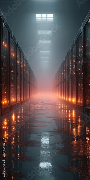 Fototapeta Futuristic data center hallway with glowing orange server racks and misty light reflecting on a wet, glossy floor