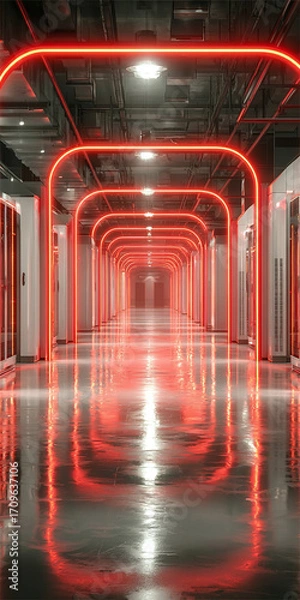 Fototapeta Red Neon Arches in a Data Center An Abstract and Futuristic Perspective