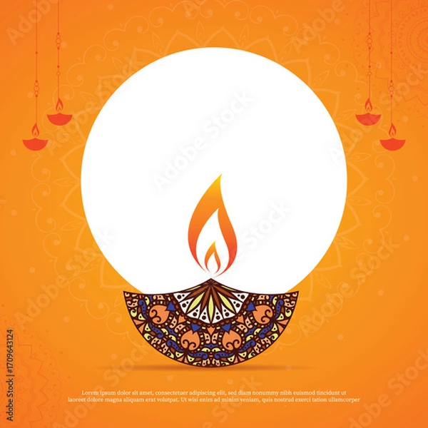 Obraz Happy Diwali celebration background. front view of banner design decorated with illuminated oil lamps on patterned red background. vector illustration	
