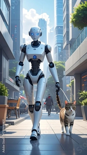 Fototapeta Futuristic robot walks with cat