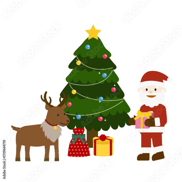 Obraz プレゼントを届けるサンタとトナカイ