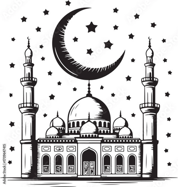Fototapeta Black  Islamic Vector Set with Mosque,and Minaret  Black Vector Illustration 