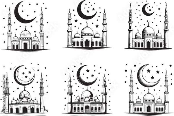 Fototapeta Black  Islamic Vector Set with Mosque,and Minaret  Black Vector Illustration 