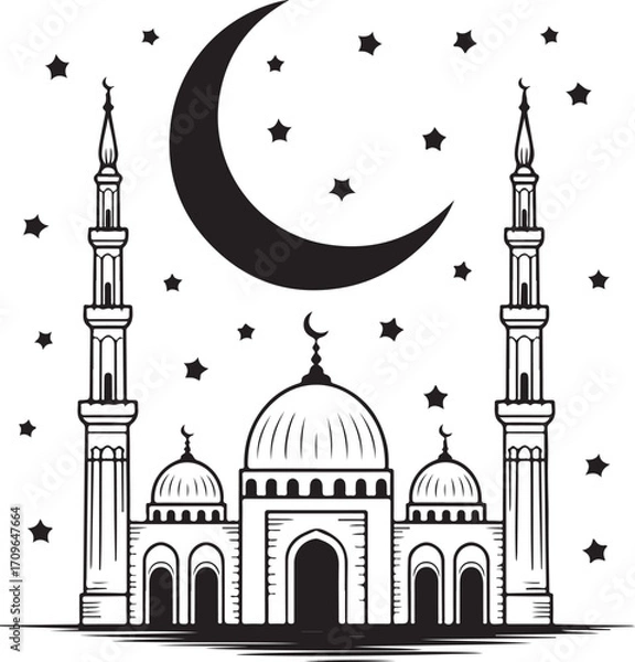 Fototapeta Black  Islamic Vector Set with Mosque,and Minaret  Black Vector Illustration 