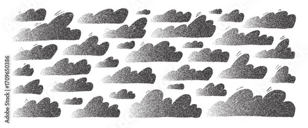 Fototapeta Noise textured clouds set. Naive black shadow sky elements. Grain chalk textured weather elements. Dots gradient scribble cloud bubble. Vector collection illustration on white background.