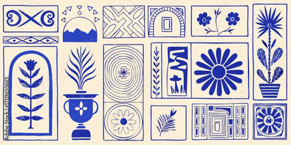 Fototapeta Collection of abstract blue line art illustrations featuring botanical elements and geometric patterns on a cream background