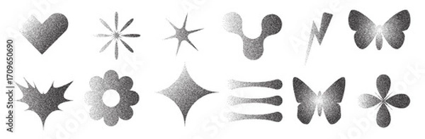 Fototapeta Geometric figures with grain noise gradient texture. Y2k retro stippling forms set. Butterfly, heart and lightning, flower icons on white background. Vector gritty monochrome gradation illustration.