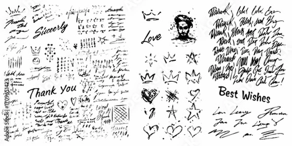 Fototapeta Collection of hand drawn black ink scribbles text hearts stars crowns and portraits on white background