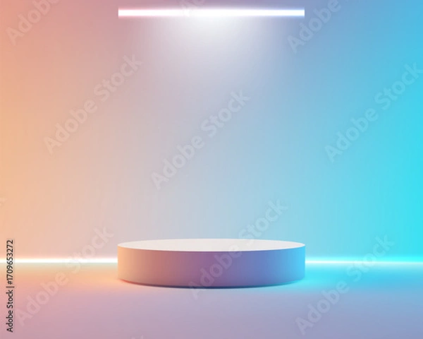 Fototapeta modern 3d podium with neon gradient background for product display showcase in vibrant orange blue lighting futuristic stage design for mockup and presentation scene