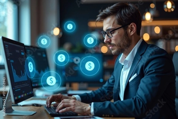 Fototapeta Accountant immersed in virtual currency symbols, using e-invoice software on computer in contemporary office with aerial view.
