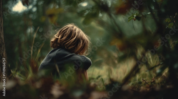 Obraz Child sitting alone on grass viewed through leaves.