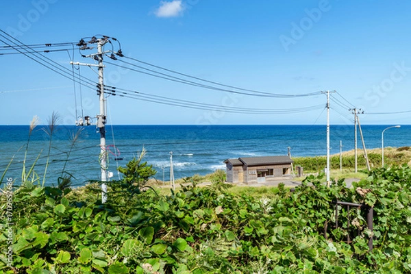 Fototapeta 海辺にたたずむ小さな無人駅舎と日本海の風景。駅舎の看板には漢字で”とどろきえき”と記されている。