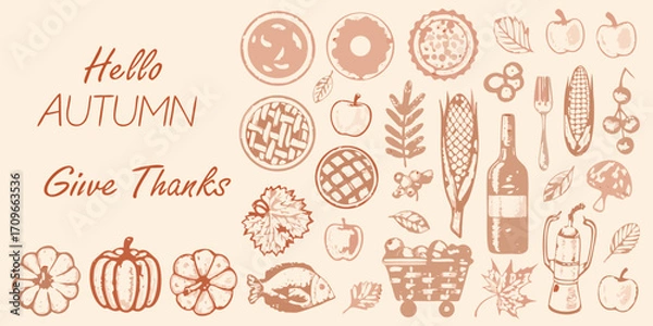 Fototapeta Hello autumn give thanks with harvest food and seasonal decorations