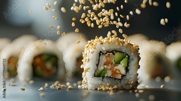 Fototapeta Sesame seeds falling onto sushi rolls in frozen motion macro shot, detailed Japanese cuisine photography with gourmet styling
