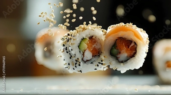 Fototapeta Sesame seeds falling onto sushi rolls in frozen motion macro shot, detailed Japanese cuisine photography with gourmet styling
