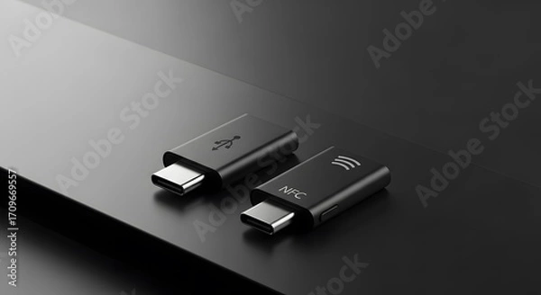 Fototapeta Sleek black USB-C adapters for modern device connectivity and efficient data transfer, featuring one NFC-enabled connector, presented on a dark, reflective surface