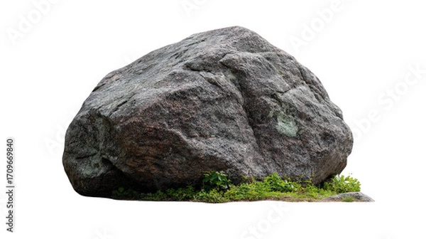 Fototapeta Dark Grey Speckled Rock with Green Grass Base on Transparent Background