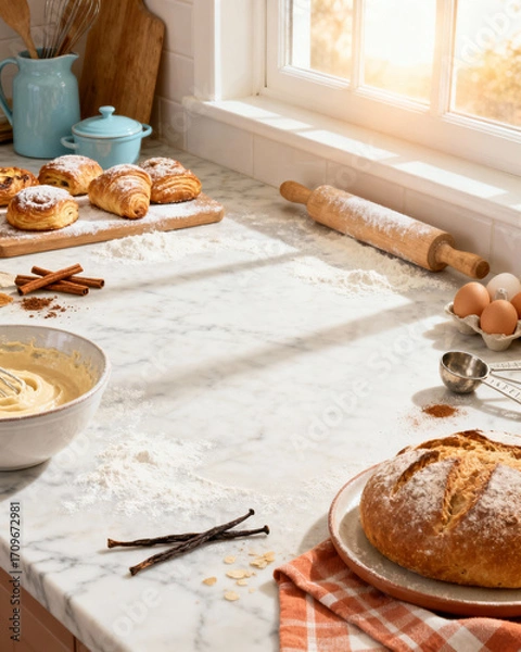 Fototapeta A sun-drenched counter showcases the art of baking, with an array of freshly baked goods and culinary tools, evoking warmth and the inviting aroma of a home bakery.