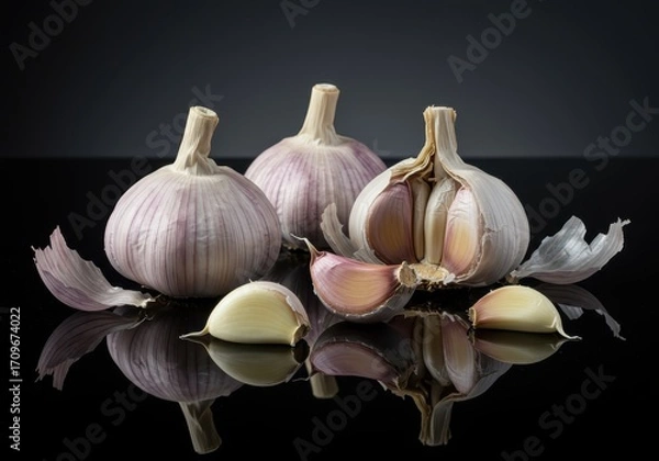 Fototapeta Three whole and one sectioned heads of garlic, showcased against a dark background, with detailed textures and rich tones, reflecting the striking image on the surface.