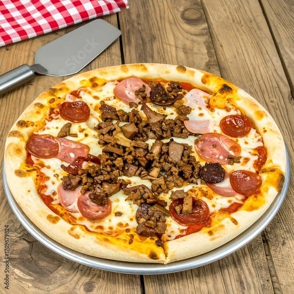 Fototapeta Round pizza with various toppings on a wooden table