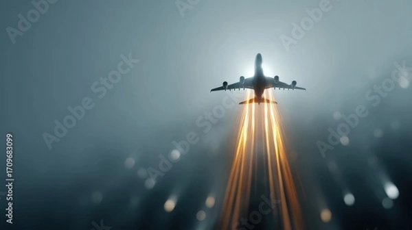 Fototapeta Airplane flying upward through a cloudy sky with glowing contrails creating a dynamic, futuristic effect.