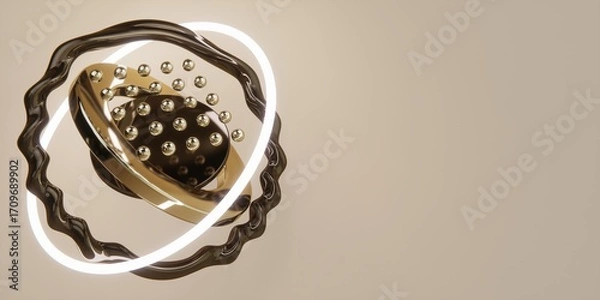 Fototapeta Golden Abstract 3D Rings and Spheres Composition