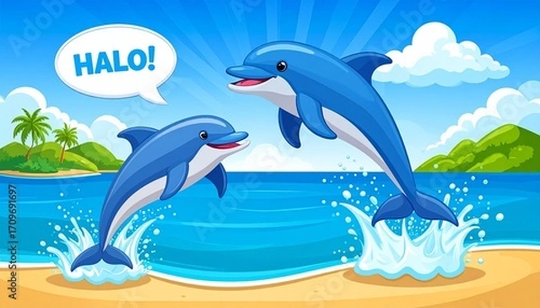 Obraz Cartoon dolphins leaping from ocean, "Halo!" speech bubble. Bright & playful scene