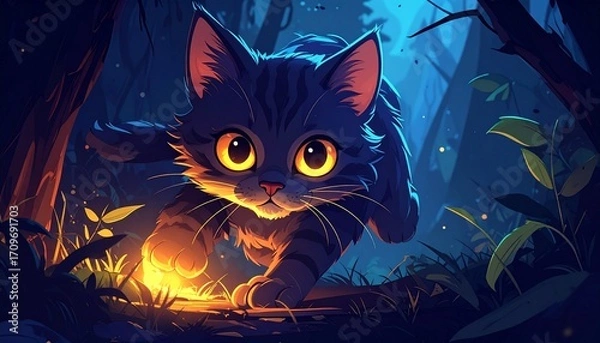 Obraz Cartoon cat, big eyes, stalks through a dark forest with glowing light below, foliage, blue undertones
