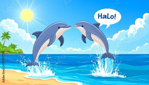 Obraz Cartoon dolphins jump from ocean waves under sunny skies near a sandy beach with palm trees