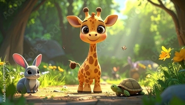Obraz Animated giraffe, bunny, and turtle in a sunny forest clearing