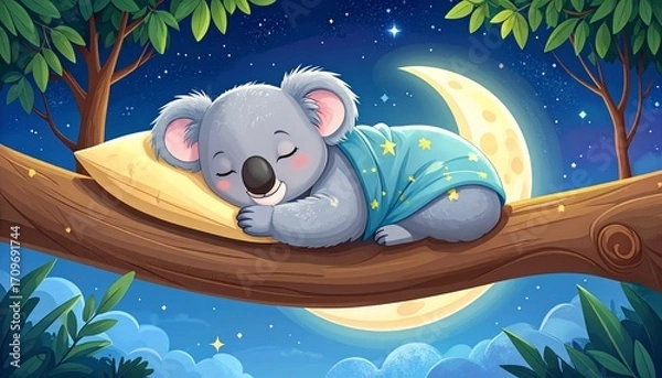 Obraz Sleeping koala, blanket-clad, rests on a branch with the moon behind it at night