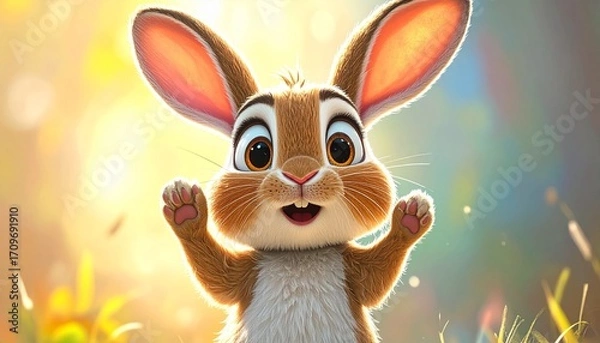 Obraz Cartoon bunny with arms raised, orange fur, brown highlights, and long ears, on a sunny meadow