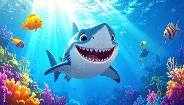 Obraz Cheerful cartoon shark swims in sunlit ocean among colorful fish and coral reef
