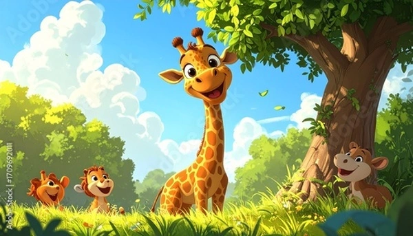 Obraz Cartoon giraffe & family in sunny meadow under tree, bright style
