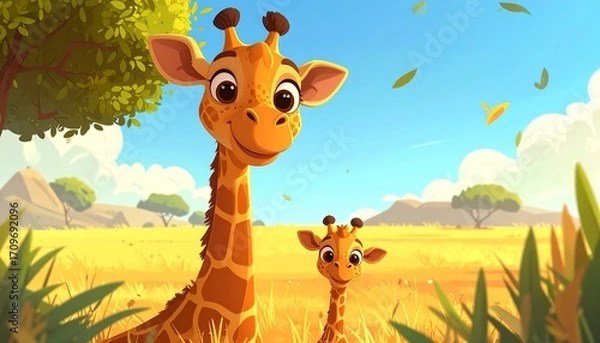 Obraz Cartoon giraffes, parent and child, in a grassy landscape under a sunny sky with mountains in the distance