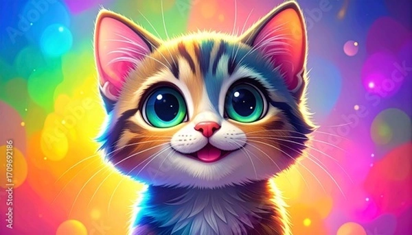 Obraz Cartoonish close-up of a wide-eyed, smiling tabby cat with a multicolored bokeh background