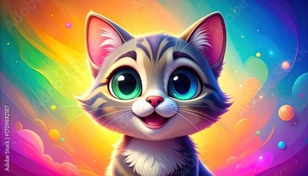 Obraz Wide-eyed cartoon cat with stripes, pink ears, vibrant rainbow background with bubbles