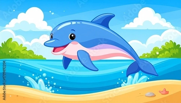 Obraz Cartoon dolphin leaps from blue ocean, sandy beach, green shrubs, and white clouds