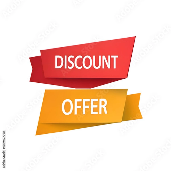 Obraz A promotional image showing a red discount banner and a yellow offer banner on a black background